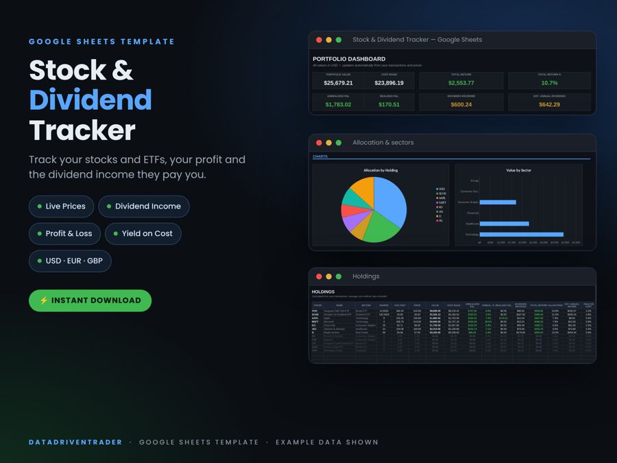 Stock and dividend tracker Google Sheets template